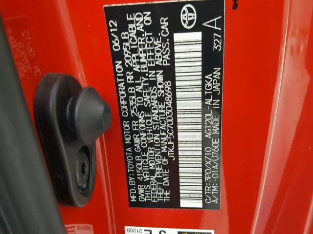 JTKJF5C70D3048698 - 2013 TOYOTA SCION TC 红色 照片 10