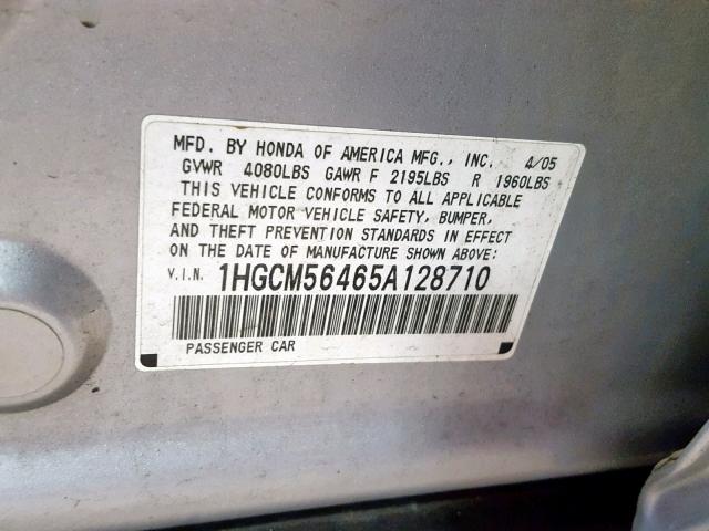 1HGCM56465A128710 - 2005 HONDA ACCORD LX SILVER photo 10