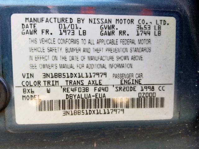 3N1BB51DX1L117979 - 2001 NISSAN SENTRA SE BLUE photo 10