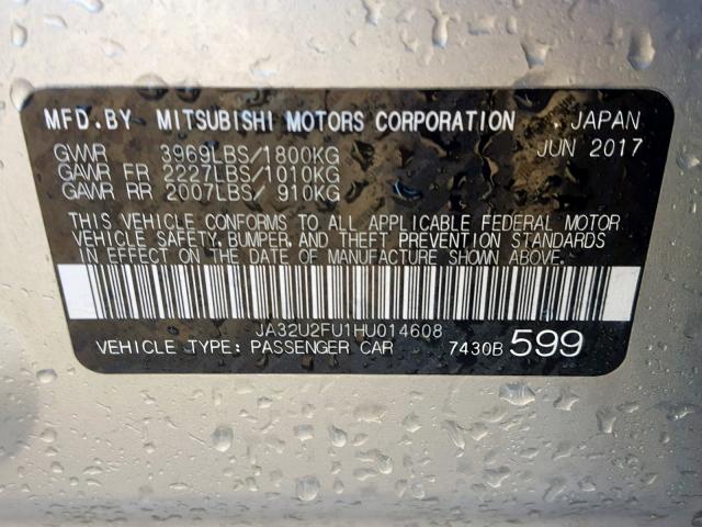 JA32U2FU1HU014608 - 2017 MITSUBISHI LANCER ES SILVER photo 10