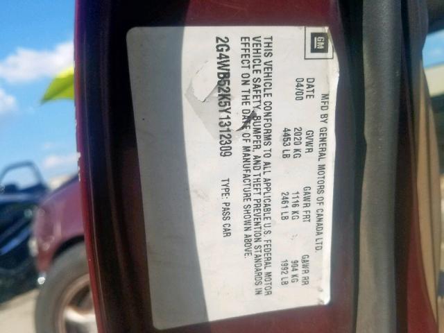 2G4WB52K5Y1312309 - 2000 BUICK REGAL LS MAROON photo 10