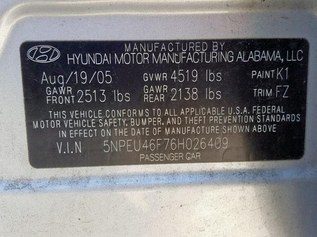 5NPEU46F76H026409 - 2006 HYUNDAI SONATA GLS SILVER photo 10