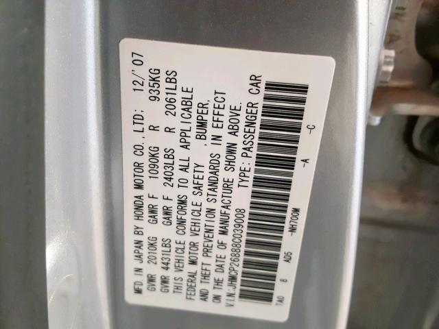 JHMCP26888C039008 - 2008 HONDA ACCORD EXL SILVER photo 10