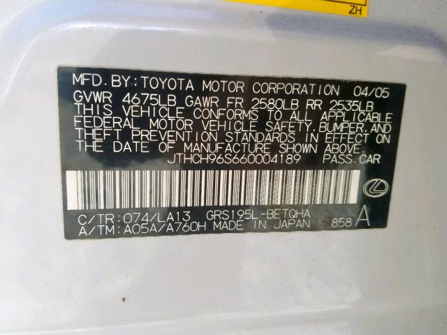 JTHCH96S660004189 - 2006 LEXUS GS 300 WHITE photo 10