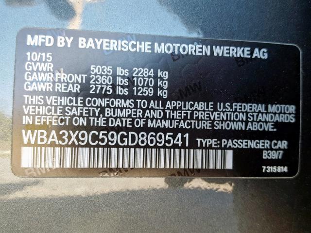 WBA3X9C59GD869541 - 2016 BMW 335 XIGT GRAY photo 10