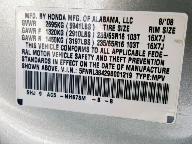 5FNRL38429B001219 - 2009 HONDA ODYSSEY EX GRAY photo 10