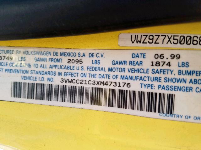 3VWCC21C3XM473176 - 1999 VOLKSWAGEN NEW BEETLE YELLOW photo 10