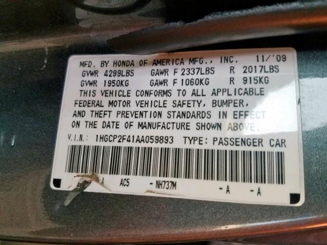 1HGCP2F41AA059893 - 2010 HONDA ACCORD LXP GRAY photo 10