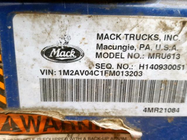 1M2AV04C1FM013203 - 2015 MACK 600 MRU600 BLUE photo 10