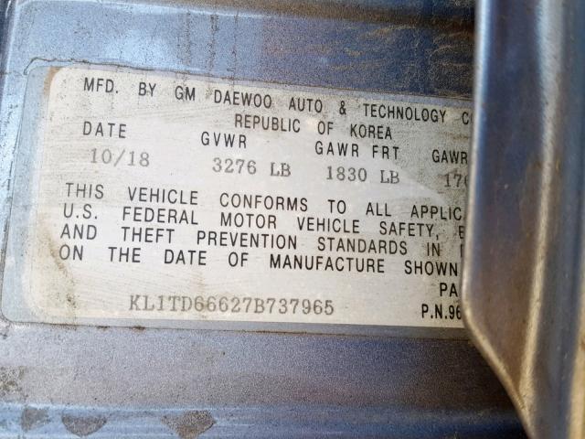 KL1TD66627B737965 - 2007 CHEVROLET AVEO BASE Көк фото 10