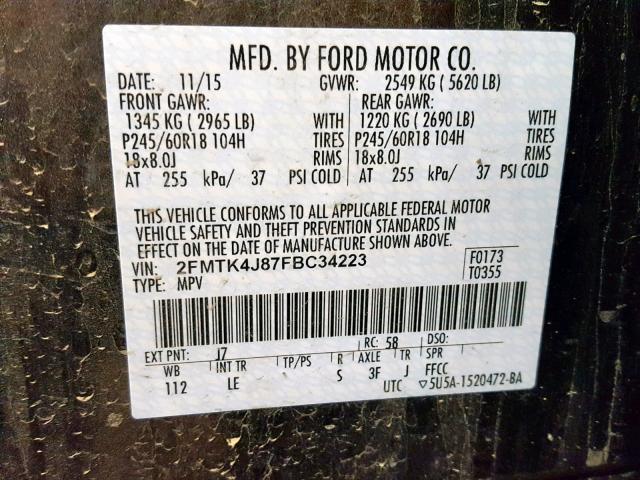 2FMTK4J87FBC34223 - 2015 FORD EDGE SEL GRAY photo 10