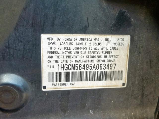 1HGCM56495A093497 - 2005 HONDA ACCORD LX BLACK photo 10