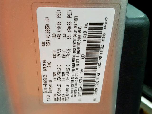 3D7KU26D84G127864 - 2004 DODGE RAM 2500 S Արծաթագույն լուսանկար 10