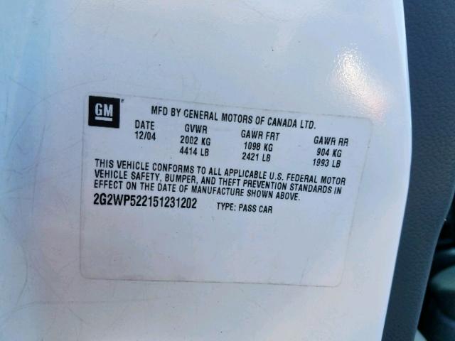 2G2WP522151231202 - 2005 PONTIAC GRAND PRIX WHITE photo 10