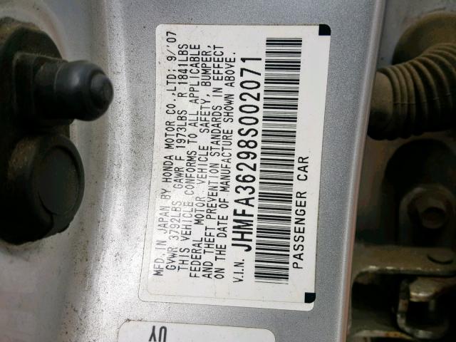 JHMFA36298S002071 - 2008 HONDA CIVIC HYBR SILVER photo 10