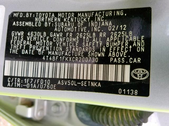 4T4BF1FKXCR200730 - 2012 TOYOTA CAMRY BASE SILVER photo 10