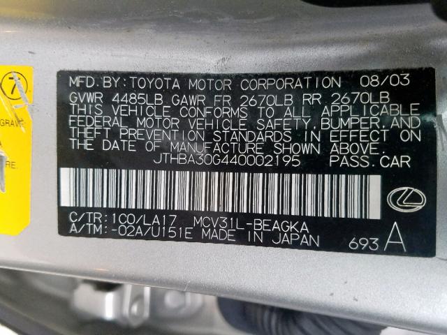 JTHBA30G440002195 - 2004 LEXUS ES 330 SILVER photo 10