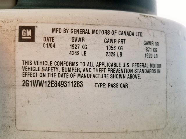 2G1WW12E849311283 - 2004 CHEVROLET MONTE CARL თეთრი ფოტო 10
