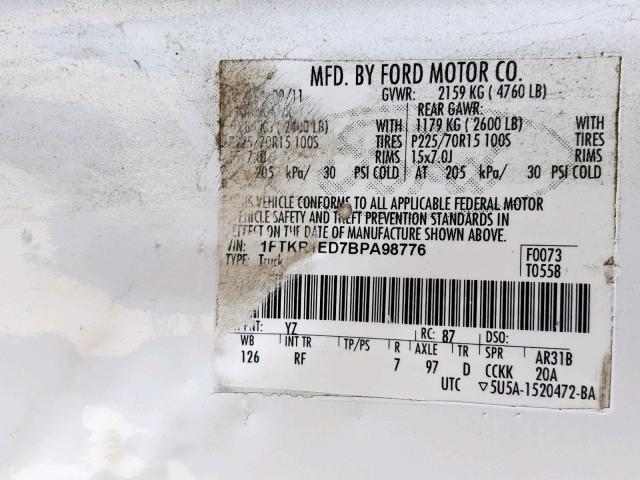 1FTKR1ED7BPA98776 - 2011 FORD RANGER SUP WHITE photo 10