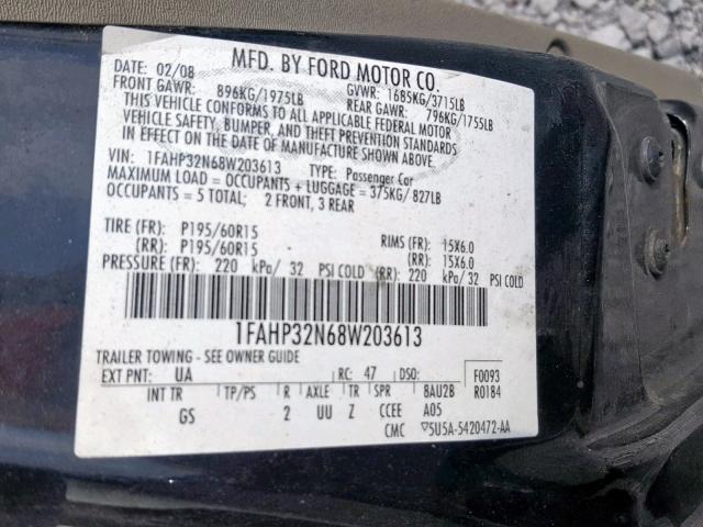 1FAHP32N68W203613 - 2008 FORD FOCUS S/SE BLACK photo 10