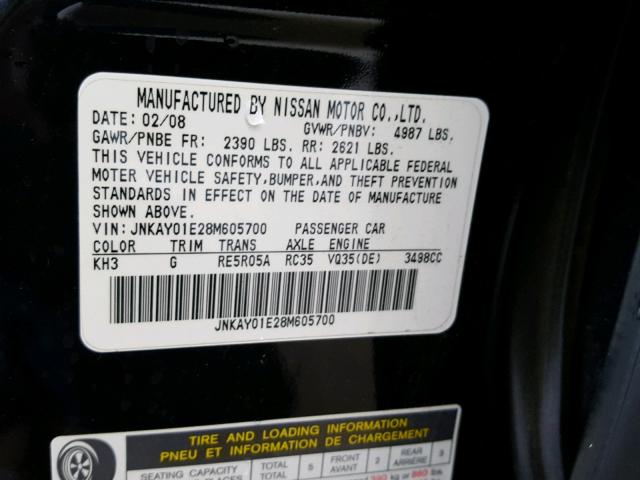 JNKAY01E28M605700 - 2008 INFINITI M35 BASE BLACK photo 10