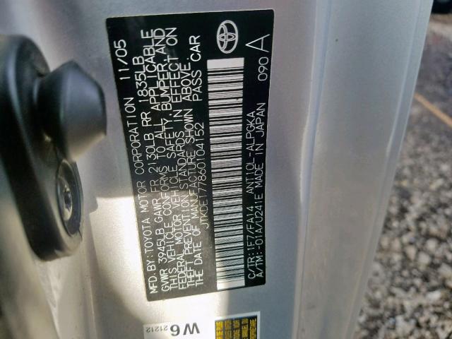 JTKDE177860104152 - 2006 TOYOTA SCION TC ვერცხლისფერი ფოტო 10