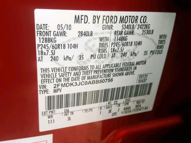 2FMDK3JC0ABB50756 - 2010 FORD EDGE SEL RED photo 10