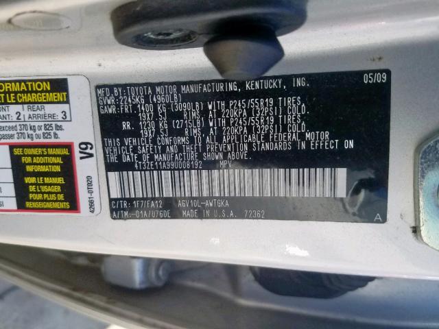 4T3ZE11A99U008192 - 2009 TOYOTA VENZA SILVER photo 10