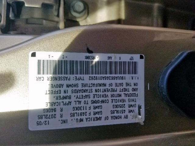 19UUA66246A019262 - 2006 ACURA 3.2TL GOLD photo 10