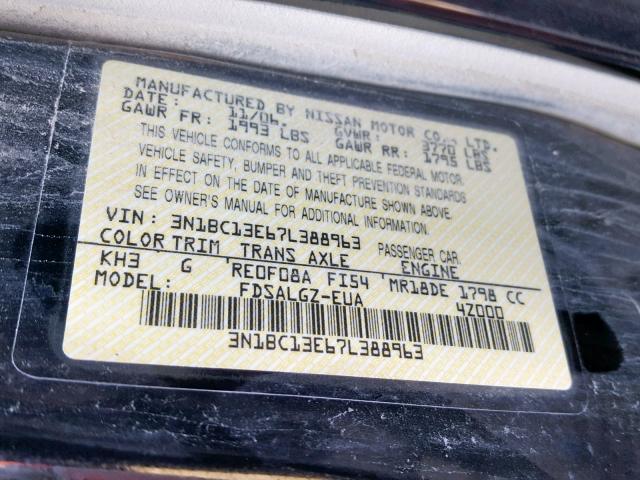 3N1BC13E67L388963 - 2007 NISSAN VERSA S BLACK photo 10