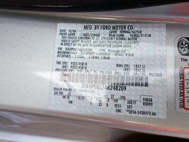 3FAHP0KC7AR248209 - 2010 FORD FUSION SPO SILVER photo 10