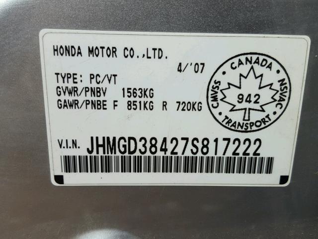 JHMGD38427S817222 - 2007 HONDA FIT SILVER photo 10