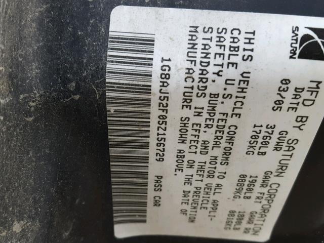 1G8AJ52F05Z156729 - 2005 SATURN ION LEVEL SILVER photo 10