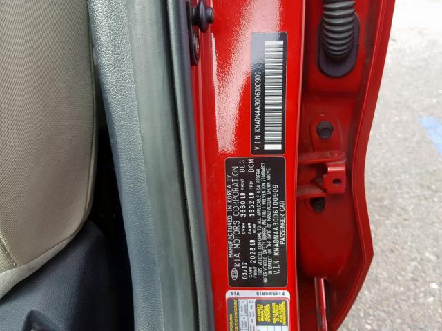 KNADN4A30D6100909 - 2013 KIA RIO EX RED photo 10