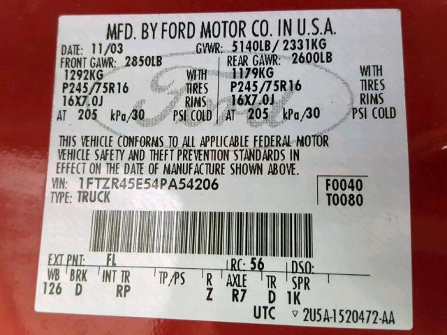 1FTZR45E54PA54206 - 2004 FORD RANGER SUP RED photo 10