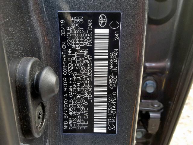 JTDKARFP2J3075247 - 2018 TOYOTA PRIUS PRIM 灰色 照片 10