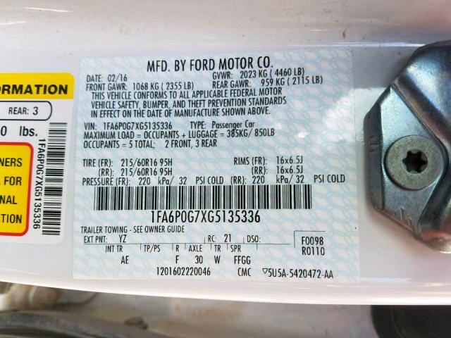 1FA6P0G7XG5135336 - 2016 FORD FUSION S WHITE photo 10