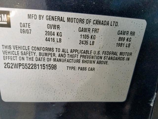 2G2WP552281151598 - 2008 PONTIAC GRAND PRIX BLACK photo 10