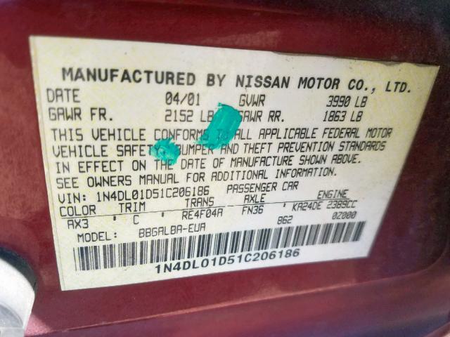 1N4DL01D51C206186 - 2001 NISSAN ALTIMA XE BURGUNDY photo 10