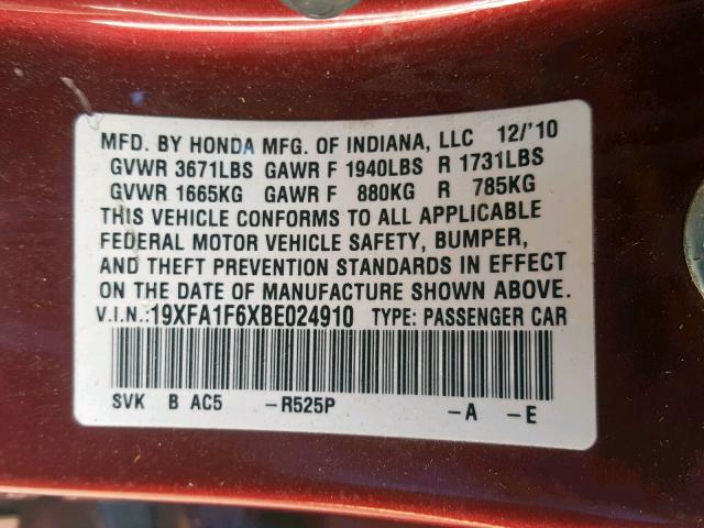 19XFA1F6XBE024910 - 2011 HONDA CIVIC LX-S Qırmızı foto 10