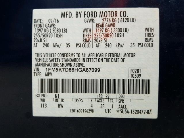 1FM5K7D86HGA87099 - 2017 FORD EXPLORER X BLUE photo 10