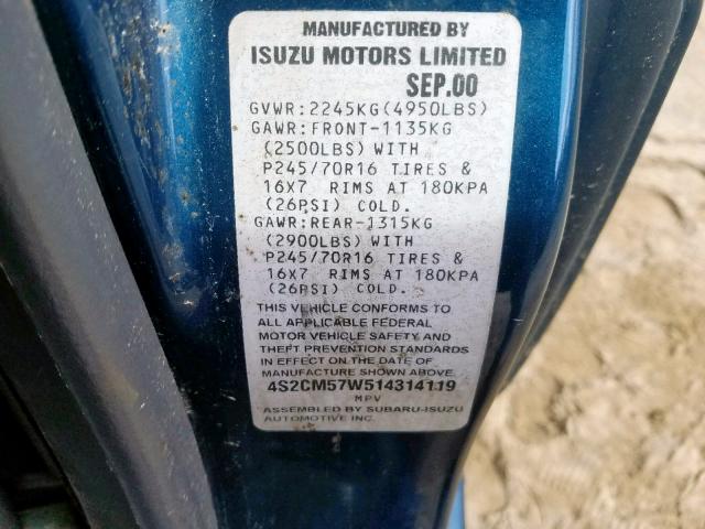 4S2CM57W514314119 - 2001 ISUZU RODEO SPOR BLUE photo 10