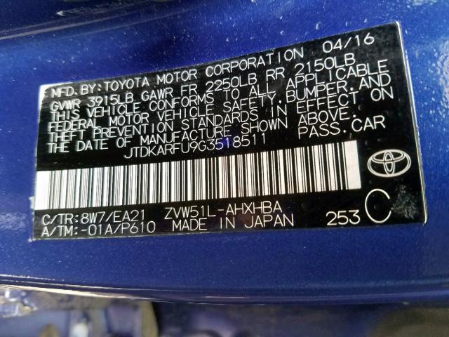 JTDKARFU9G3518511 - 2016 TOYOTA PRIUS BLUE photo 10