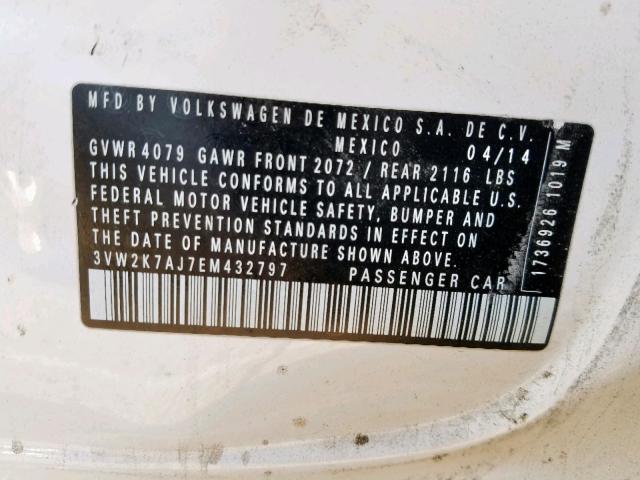 3VW2K7AJ7EM432797 - 2014 VOLKSWAGEN JETTA BASE Սպիտակ լուսանկար 10