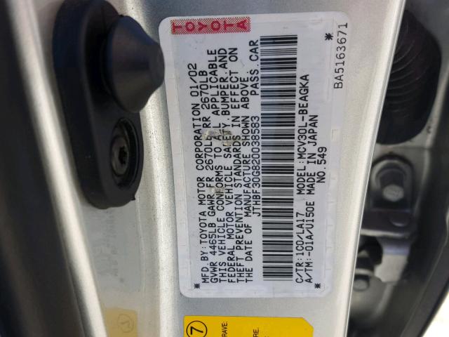 JTHBF30G820038583 - 2002 LEXUS ES 300 SILVER photo 10