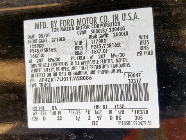 4F4ZR17U01TM28086 - 2001 MAZDA B3000 CAB BLACK photo 10