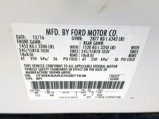 1FM5K8ARXHGB71638 - 2017 FORD EXPLORER P WHITE photo 10