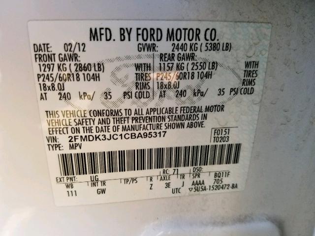 2FMDK3JC1CBA95317 - 2012 FORD EDGE SEL WHITE photo 10