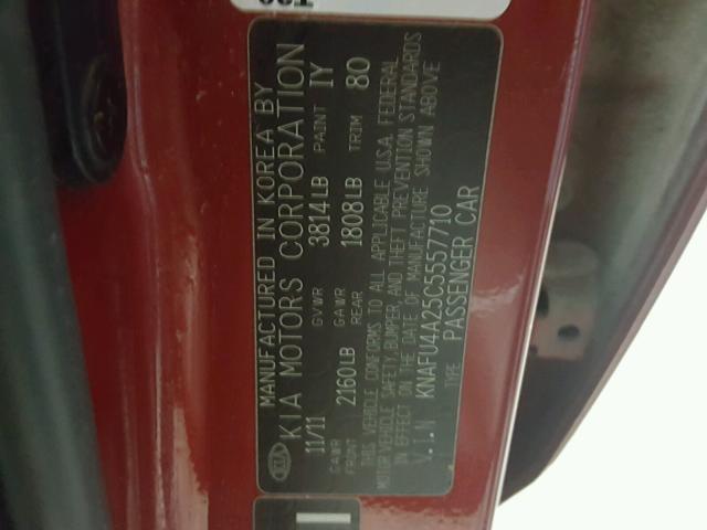 KNAFU4A25C5557710 - 2012 KIA FORTE EX RED photo 10