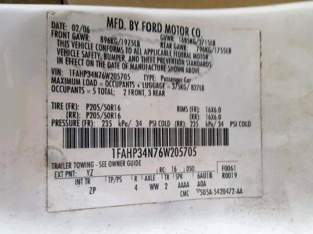 1FAHP34N76W205705 - 2006 FORD FOCUS ZX4 WHITE photo 10